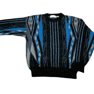 Vintage Michael Gerald Wool Blend Patterned Crew Sweater | Blue/Grey | Size L